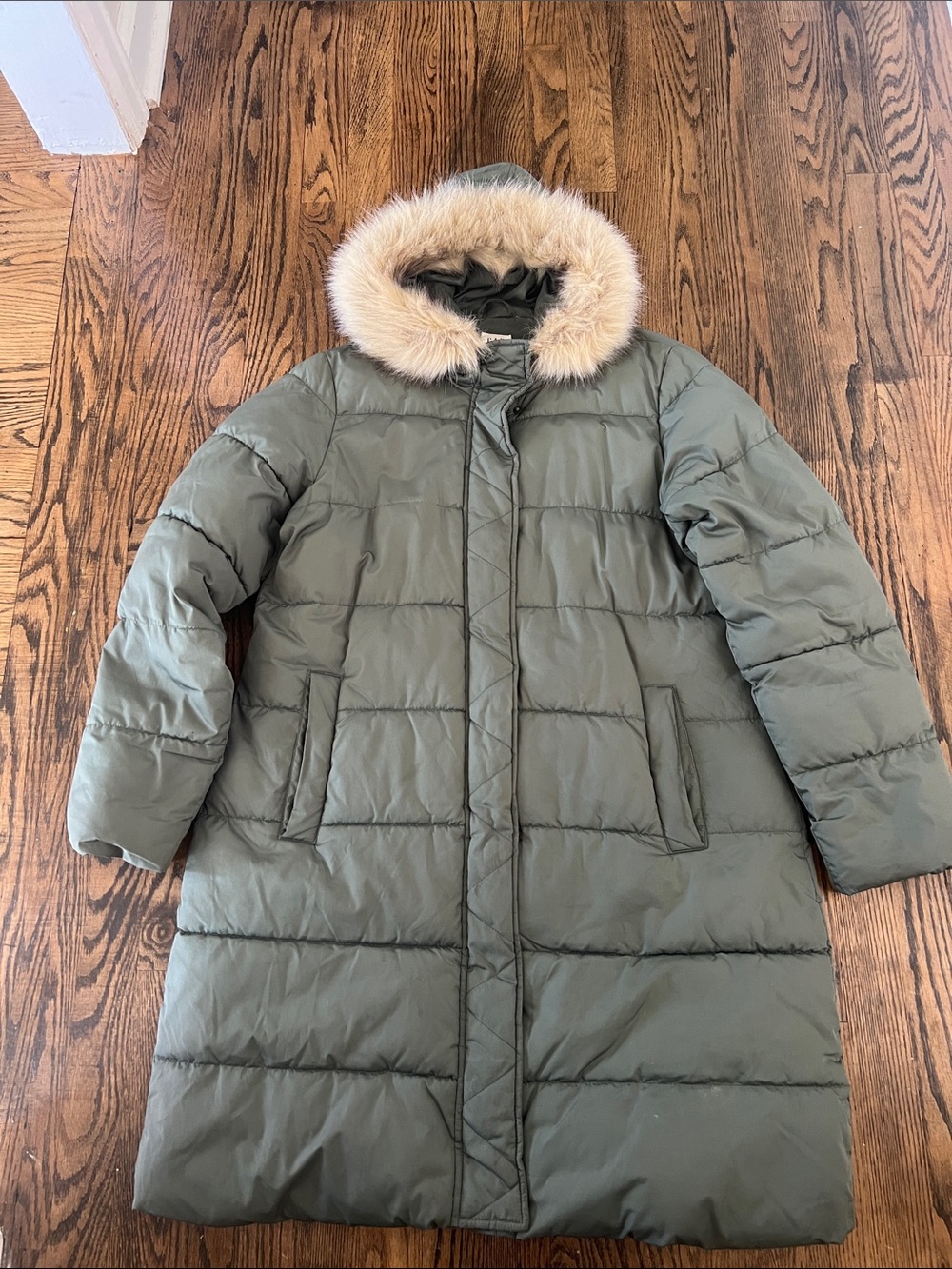 GAP Olive Green Long Puffer Coat with Faux Fur Trim Hood